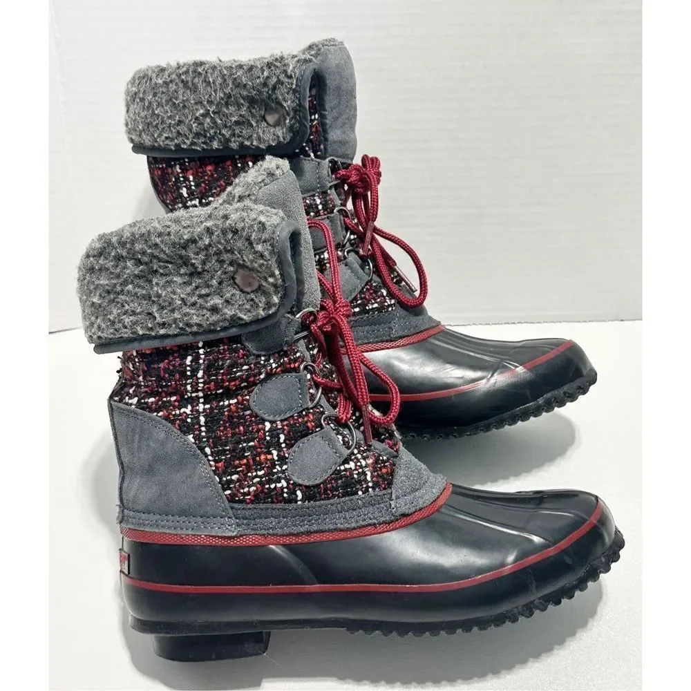 Khombu Elysse Rubber Upper Water Resistant Boots Plaid Lace Up Black‎ Red 8
